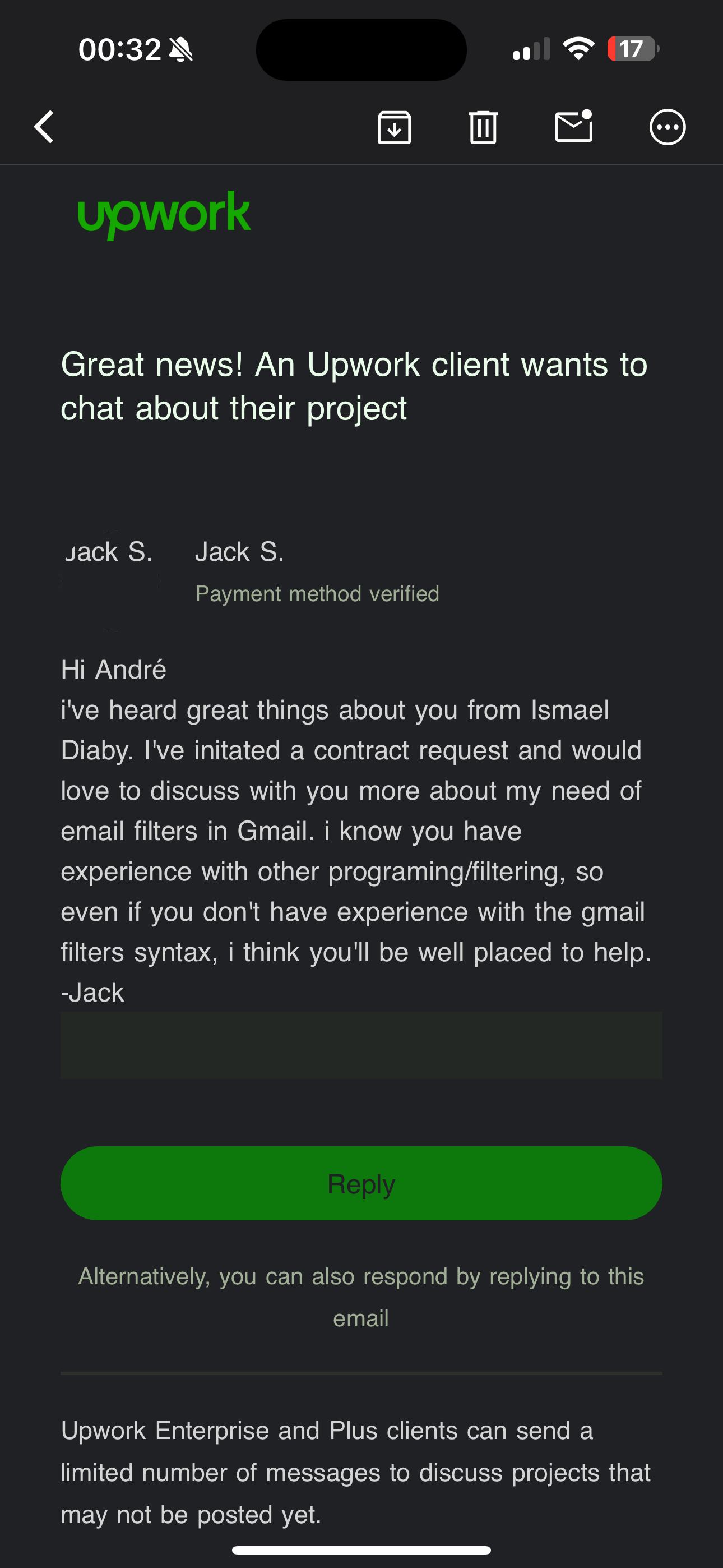 Upwork message from Jack S.